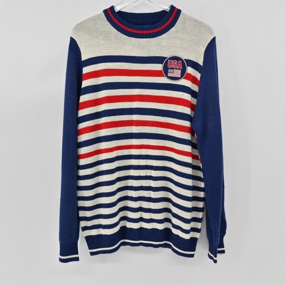 TIPSY ELVES Mens Sweater Sz L Striped USA Flag Crew Neck Retro Preppy Sportswear